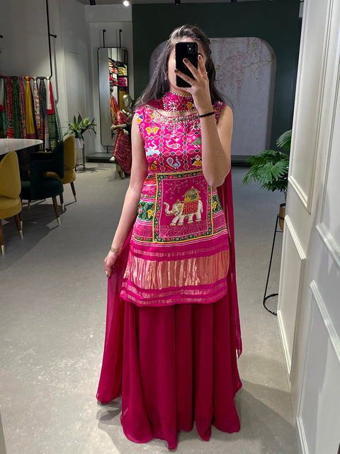Pink Color Printed and Handwork Gaji Silk Kurti Plazo Set Clothsvilla Main image