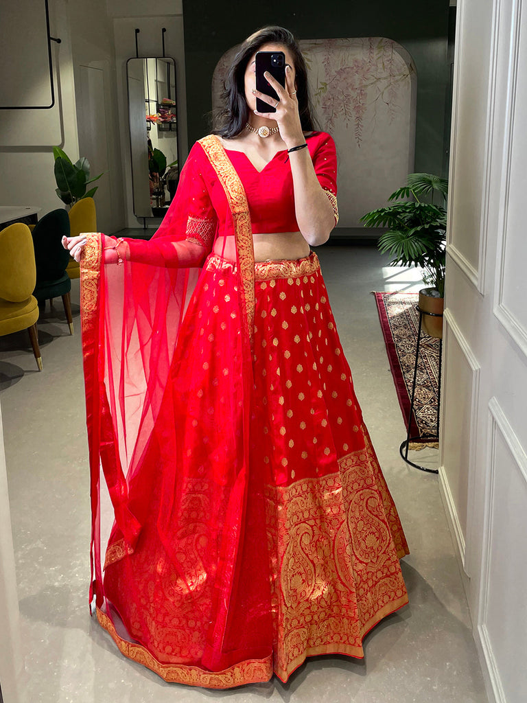 Red Color Weaving Zari Work Jacquard Silk Lehenga Choli With Net Dupatta Clothsvilla