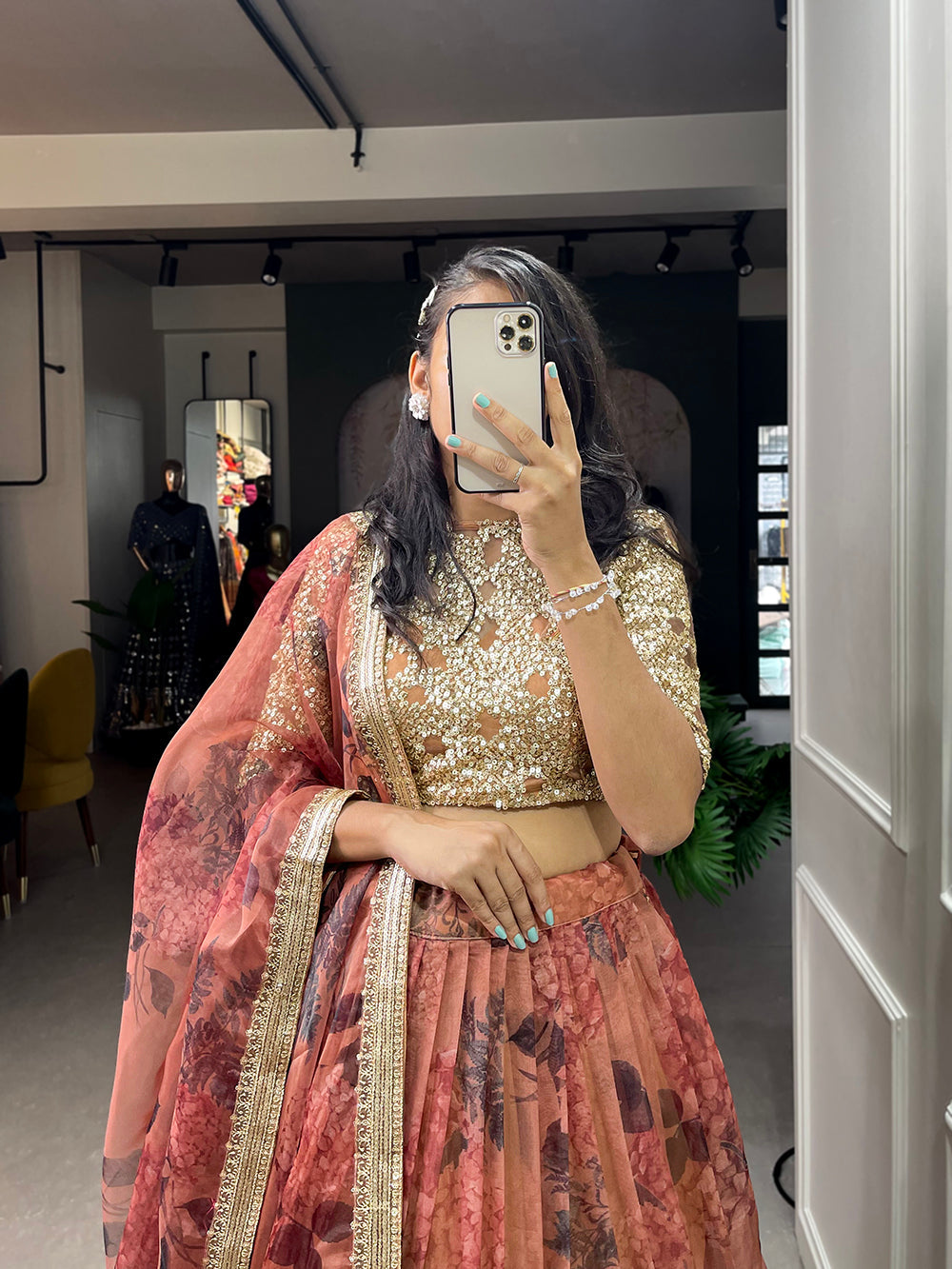 Brown Color Printed And Sequins Embroidery Lace Border Organza Lehenga Choli ClothsVilla.com