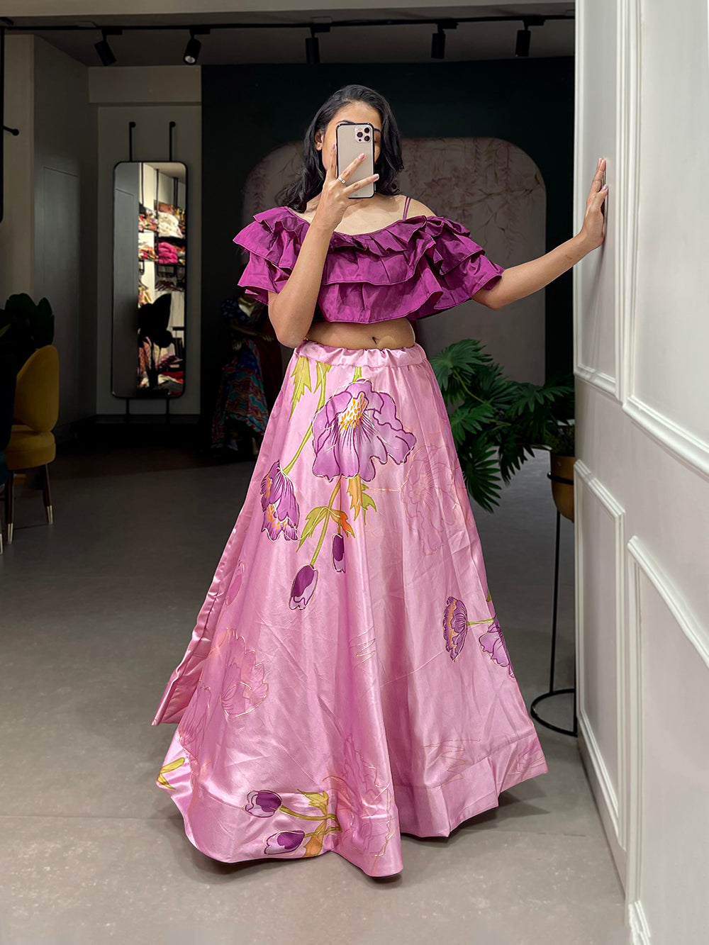 Lavender Color Digital Print With Foil Work Zari Satin Co-ord Set Lehenga Choli ClothsVilla