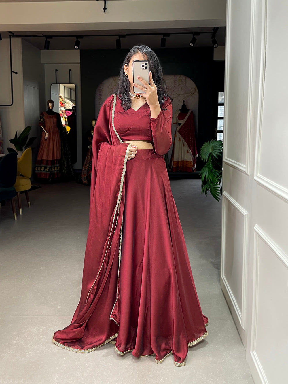 Maroon Color Plain With Lace Border Rangoli Silk Chaniya Choli ClothsVilla