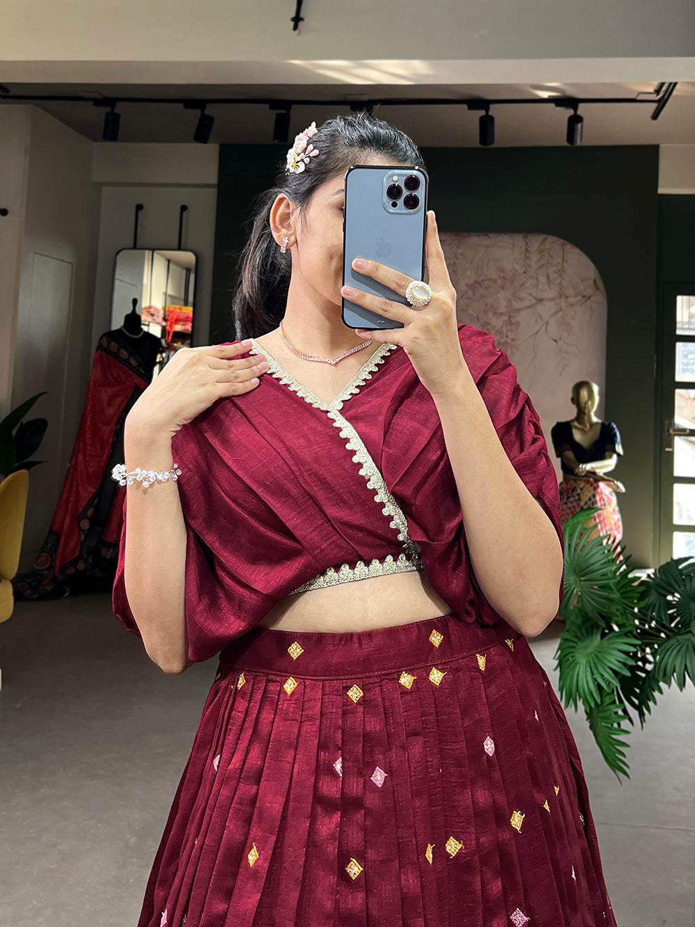 Maroon Color Thread Embroidery Work Vichitra Silk Lehenga Choli Clothsvilla