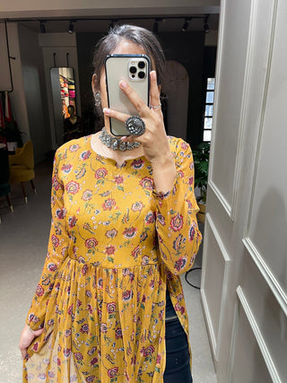 Peanut Color Floral Printed Chiffon Naira Cut Kurti Clothsvilla