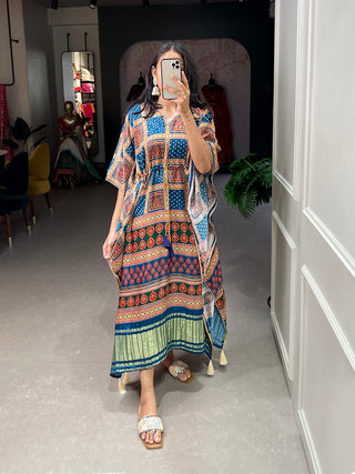 Navy Blue Color Digital Printed Gaji Silk Kaftan ClothsVilla.com