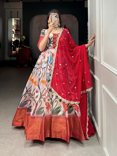 Off White Color Printed With Weaving Work Patta Soft Chanderi  Dress Clothsvilla