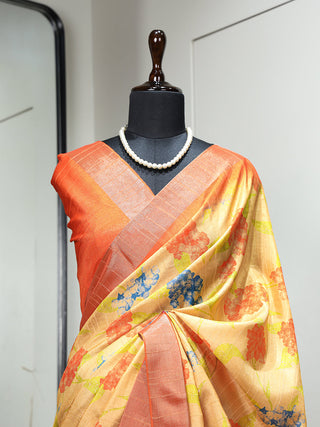 Orange Color Digital Printed Handloom Kotha Border Saree Clothsvilla