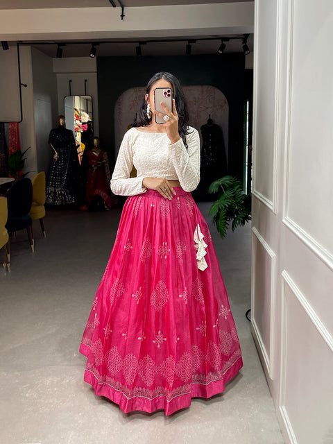 Pink Color Digital Print Cora Chex Zari Border Co-Ord Set Lehenga Choli ClothsVilla.com Main image