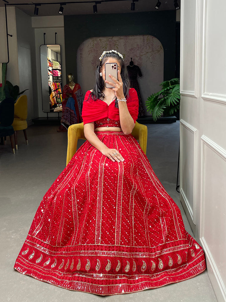 Red Color Sequins and Embroidery Thread Work Georgette Co-Ord Set Lehenga Choli ClothsVilla.com