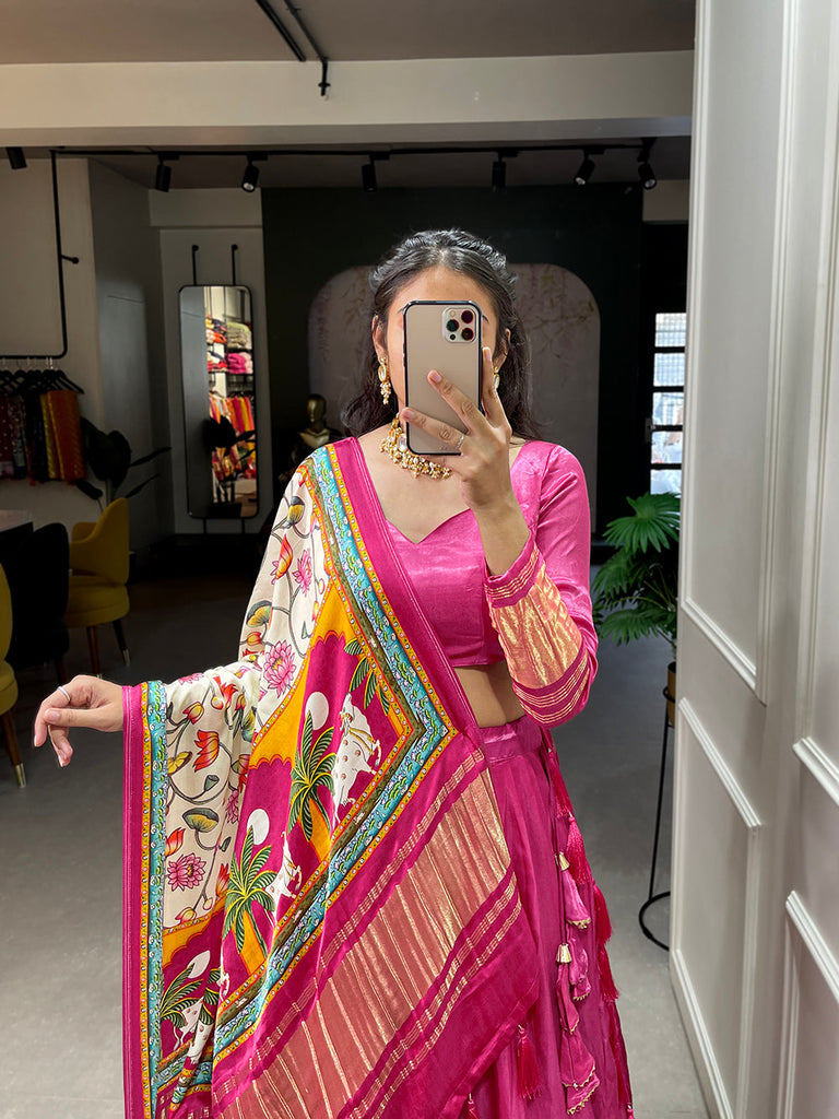 Pink Color Dyeing With Lagdi Patta Gaji Silk Lehenga Choli ClothsVilla.com