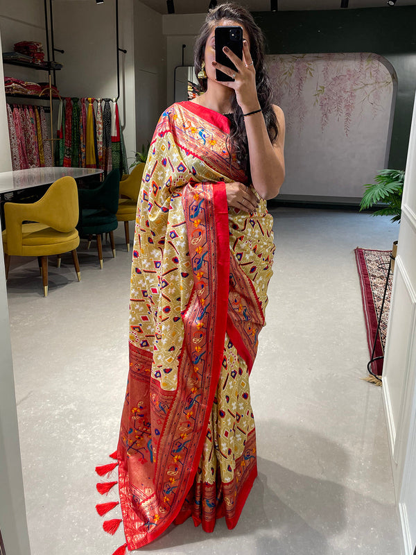 Off White Color  Patola Paithani Printed with Foil Work Dola Silk Saree Clothsvilla