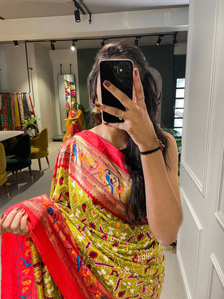 Mehendi Color Patola Paithani Printed with Foil Work Dola Silk Saree Clothsvilla