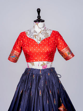 Navy Blue Color Haydrabadi Patola Printed & Foil Work Dola Silk Lehenga Clothsvilla