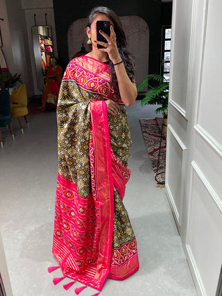 Mehndi Color Patola Printed Dola Silk Saree Clothsvilla