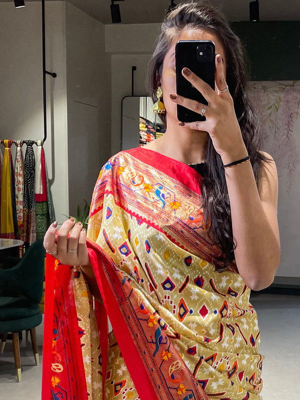 Off White Color  Patola Paithani Printed with Foil Work Dola Silk Saree Clothsvilla