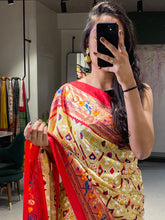 Load image into Gallery viewer, Off White Color  Patola Paithani Printed with Foil Work Dola Silk Saree Clothsvilla