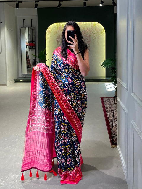 Navy Blue Color Patola Printed Pure Gaji Silk Saree Clothsvilla Main image