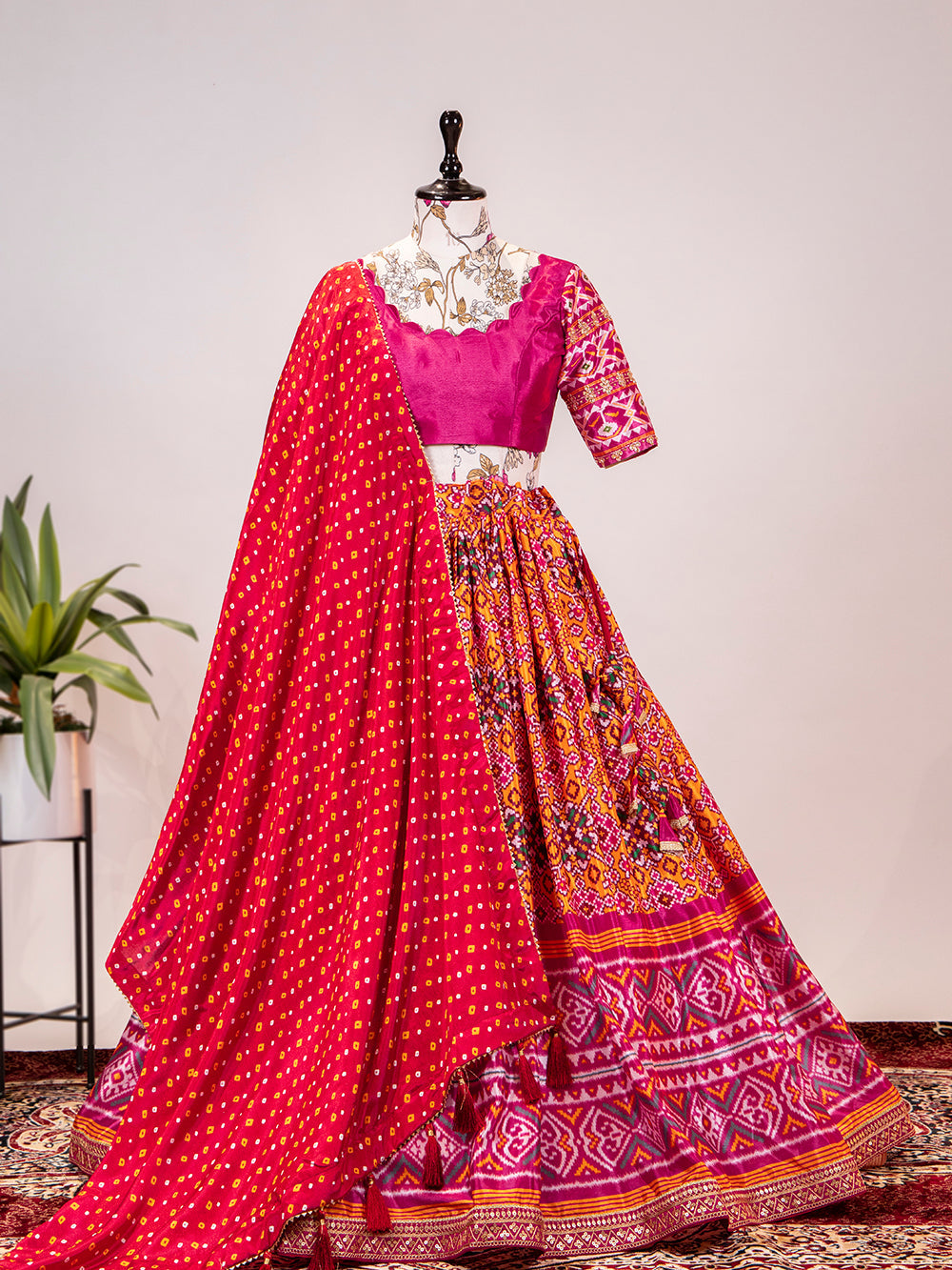 Pink Color Leheriya Patola Print Chinon Lehenga Choli Clothsvilla