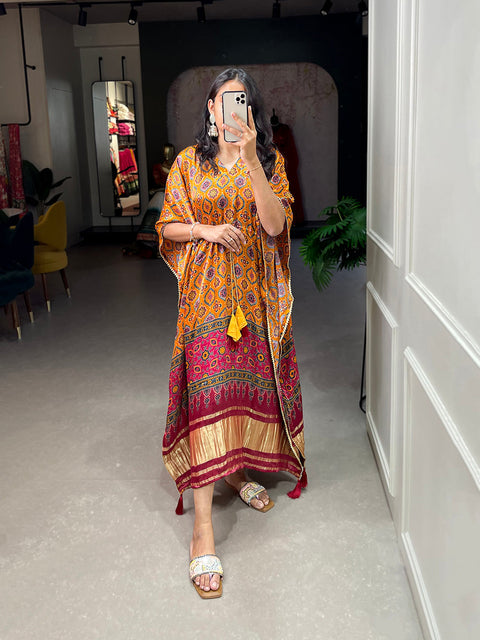 Mustard Color Patola Printed Gaji Silk Kaftan ClothsVilla.com Main image