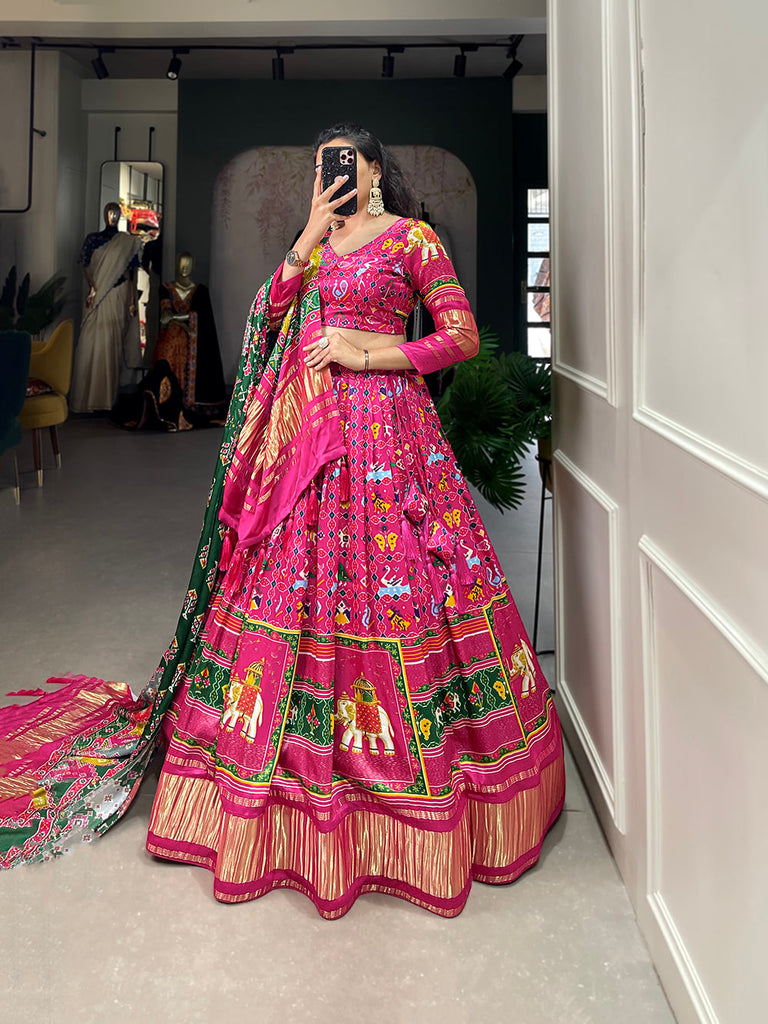 Rani Pink Color Digital Printed With Lagadi Patta Gaji Silk Lehenga Choli Clothsvilla
