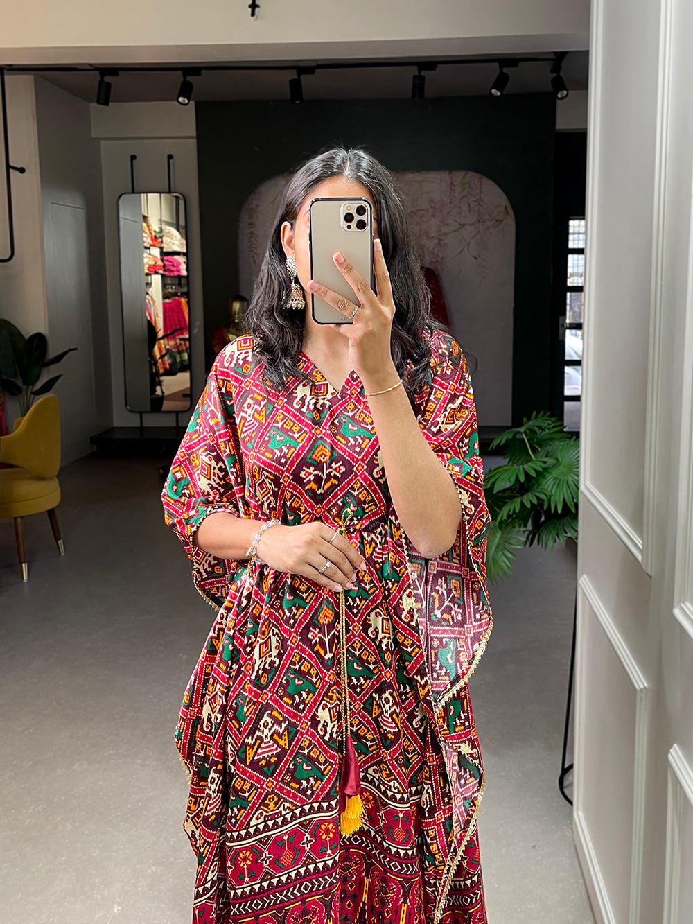Red Color Patola Printed Gaji Silk Kaftan ClothsVilla.com