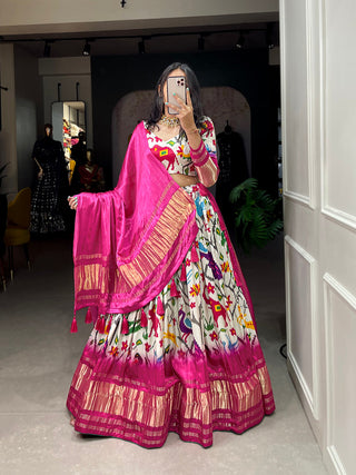 White Color Ikkat Patola Printed Gaji Silk Lehenga Choli ClothsVilla