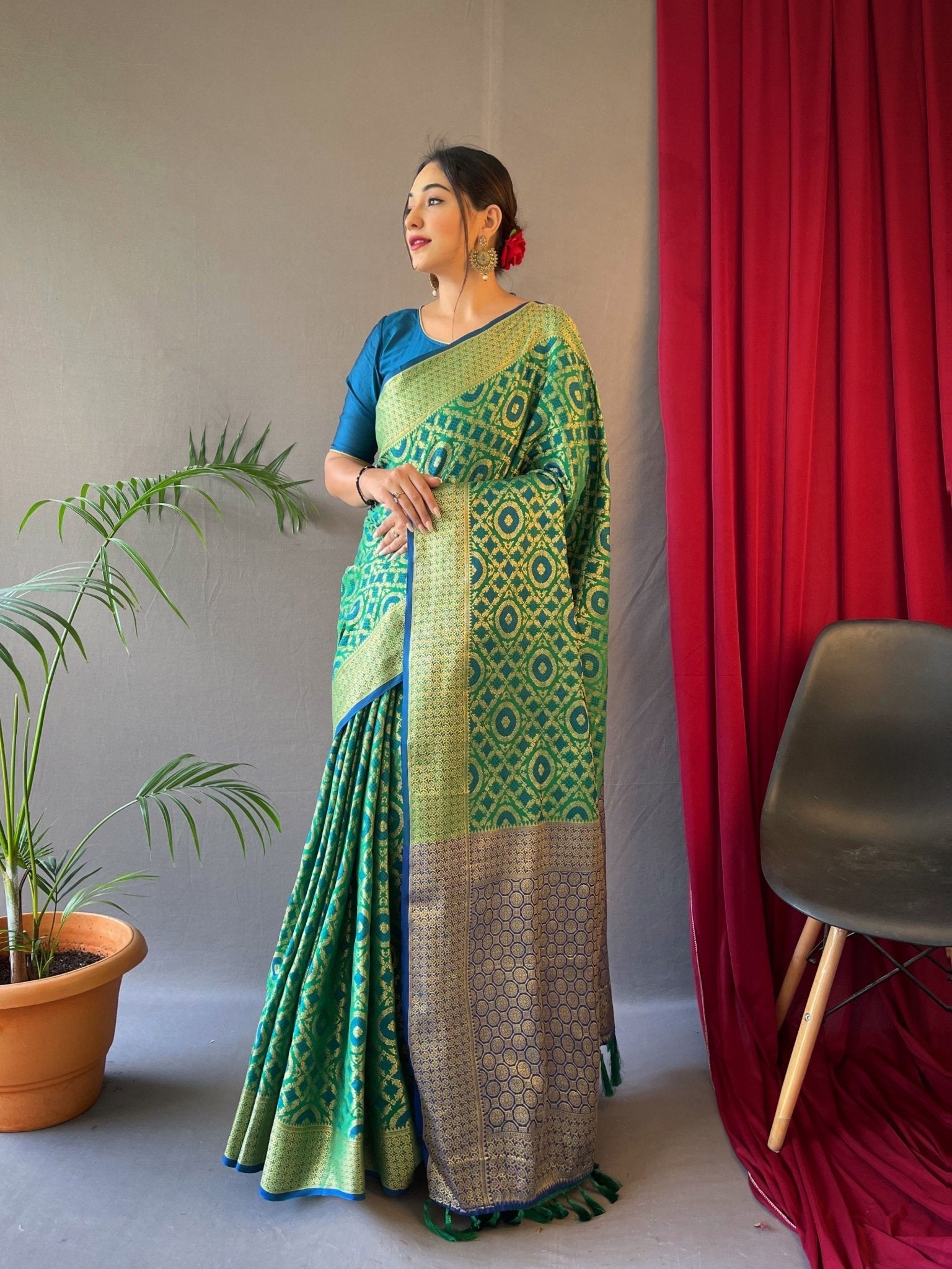Patola Silk Woven Vol. 5 Contrast Green with Blue Clothsvilla
