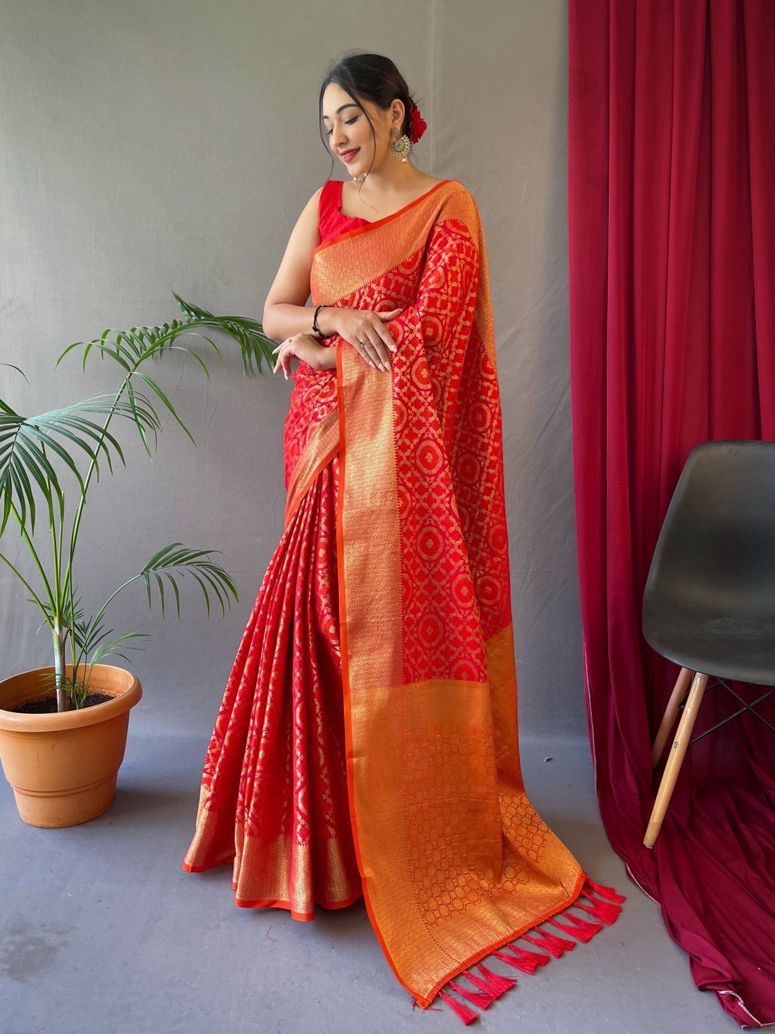 Bridal Wear Orange Silk Saree with Contrast Blouse