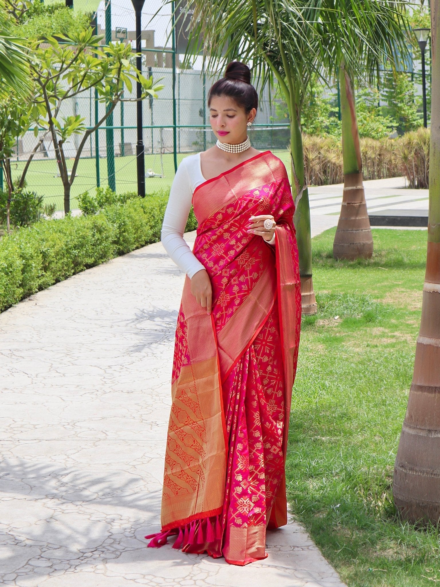 Orange Color Silk Fabric Silk Weave Saree With Red Color Blouse