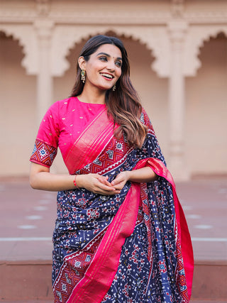 Navy Blue Color Patola with Foil Printed Dola Silk Saree Clothsvilla