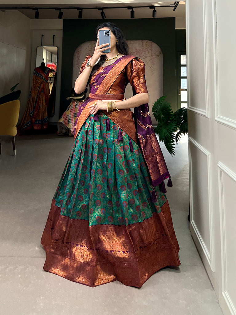 Purple Color Zari Weaving Work Weaving Silk(Jacquard) South Indian Lehenga Choli Clothsvilla