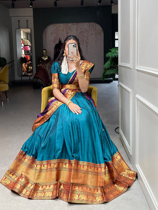 Firozi Color Zari Weaving Work Narayan Pet Cotton Hyderabadi Lehenga Choli Clothsvilla