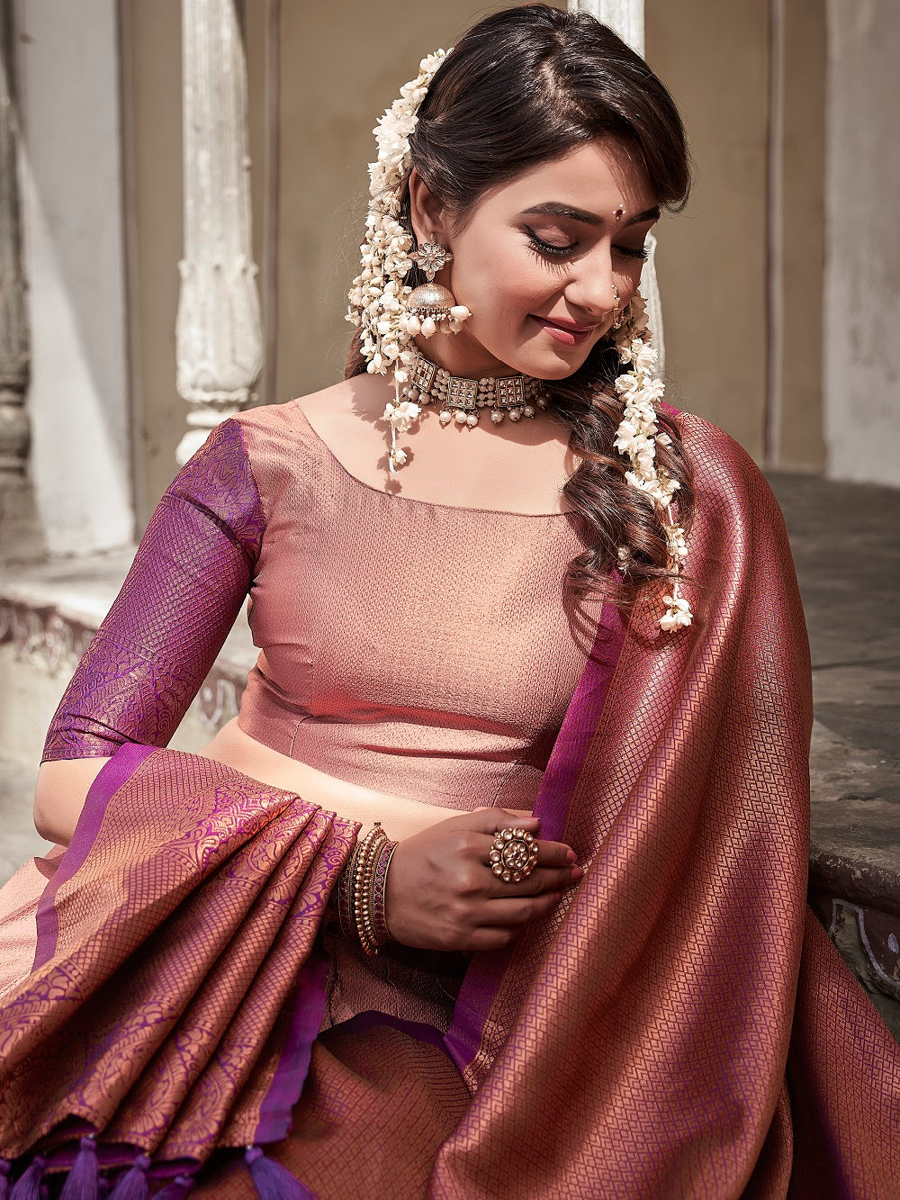 Peach Color Zari Weaving Work Jacquard Silk Dhavani Set Lehenga Choli ClothsVilla.com