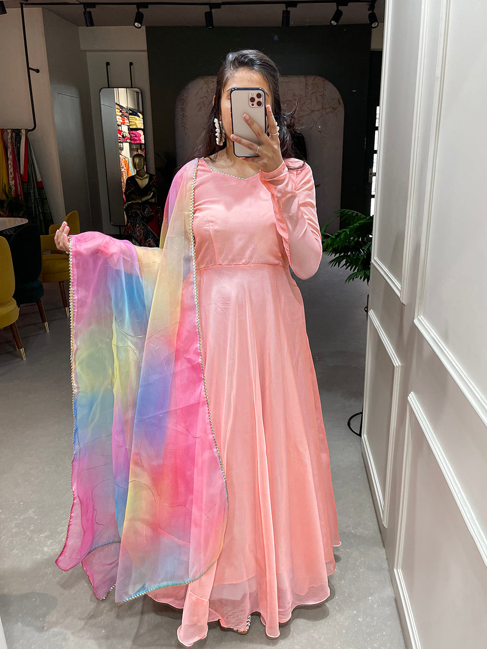 Peach Color Simple Soft Organza Gown - Main Image