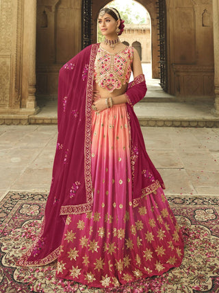 Peach and Pink Silk Embroidered Lehenga Choli Clothsvilla