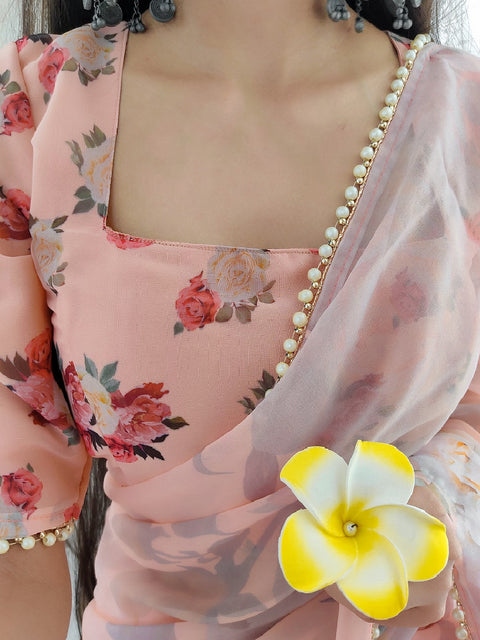 Peach Color Printed With Pearl Lace Border Georgette Saree Clothsvilla Main image