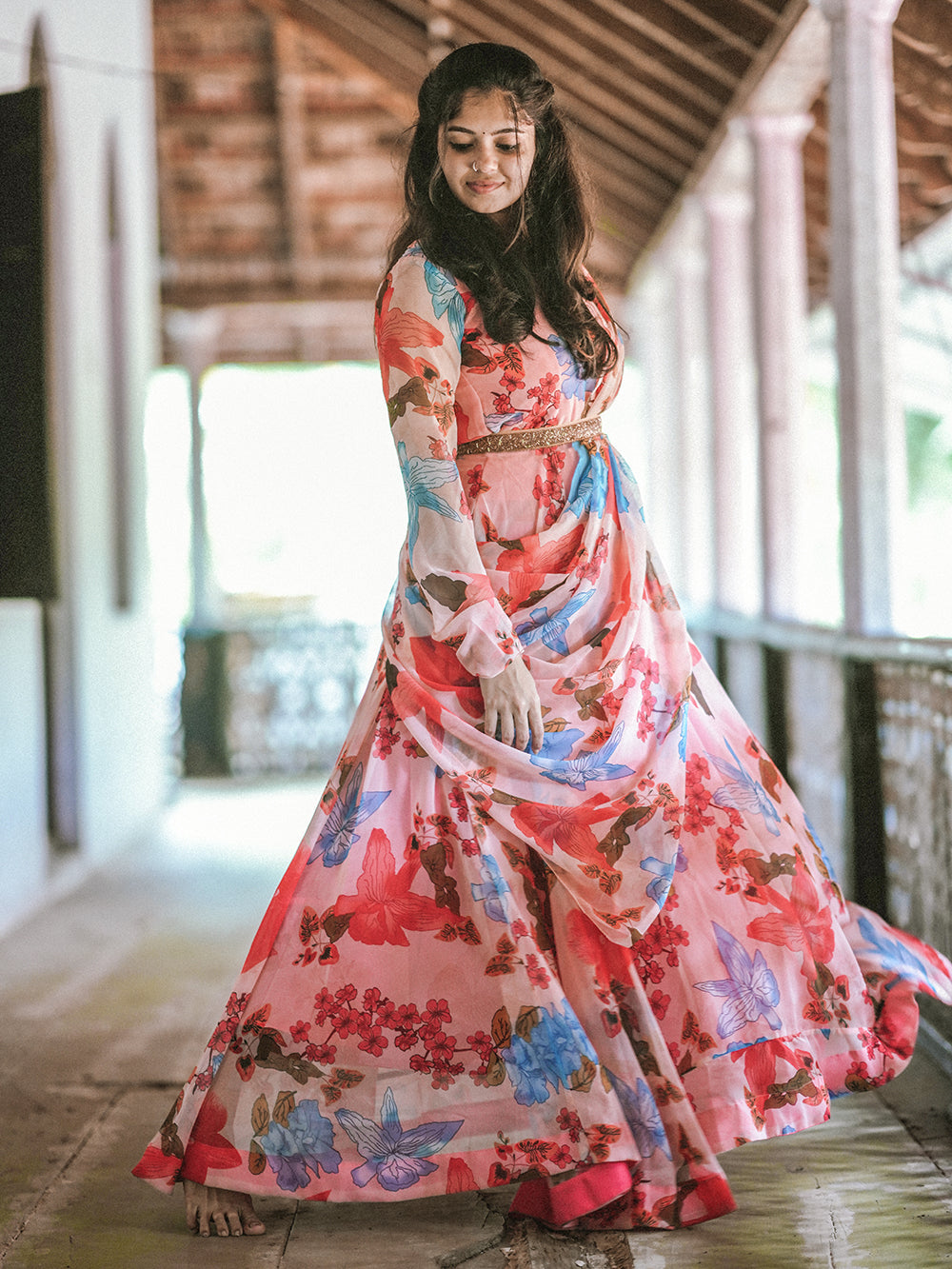 Peach Color Digital Printed Georgette Gown Clothsvilla