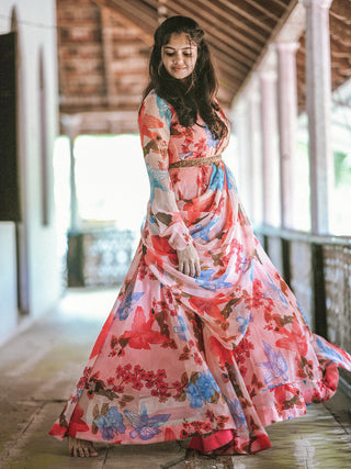 Peach Color Digital Printed Georgette Gown Clothsvilla