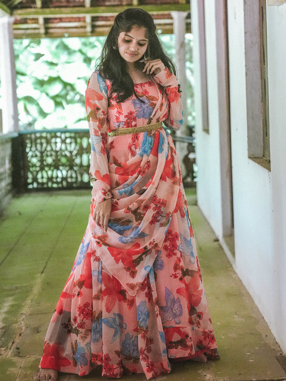 Peach Color Digital Printed Georgette Gown Clothsvilla