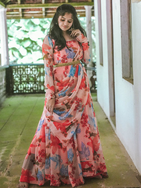 Peach Color Digital Printed Georgette Gown Clothsvilla Main image