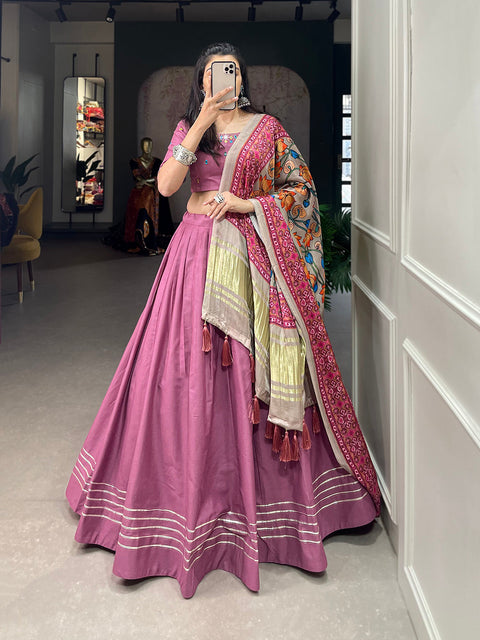 Peach Color Plain With Gotta Patti Cotton Lehenga Choli ClothsVilla.com Main image