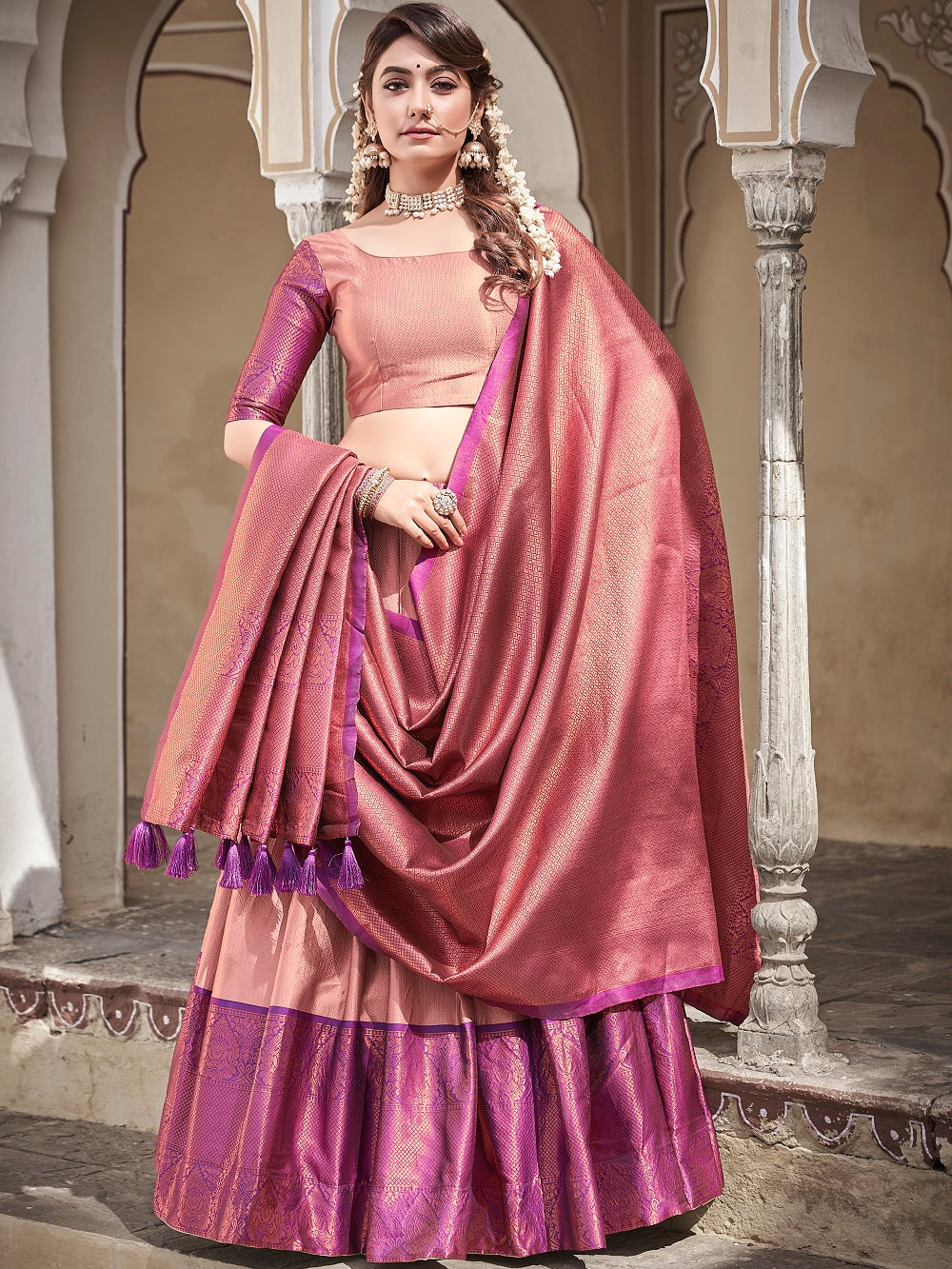 Peach Color Zari Weaving Work Jacquard Silk Dhavani Set Lehenga Choli ClothsVilla.com