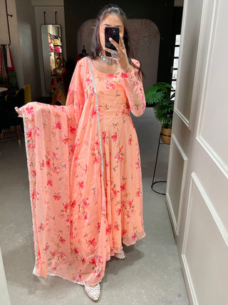 Peach Color Floral Printed Anarkali Style Chiffon Kurti Clothsvilla