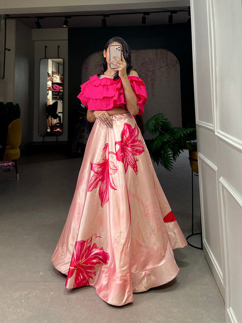 Peach Color Digital Print With Foil Work Zari Satin Co-ord Set Lehenga Choli ClothsVilla Main image