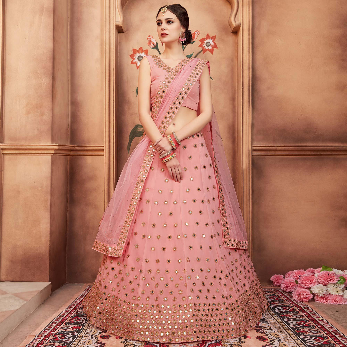 Peach Festive Wear Mirror Zari Sequins Work Georgette Lehenga Choli Clothsvilla Main image