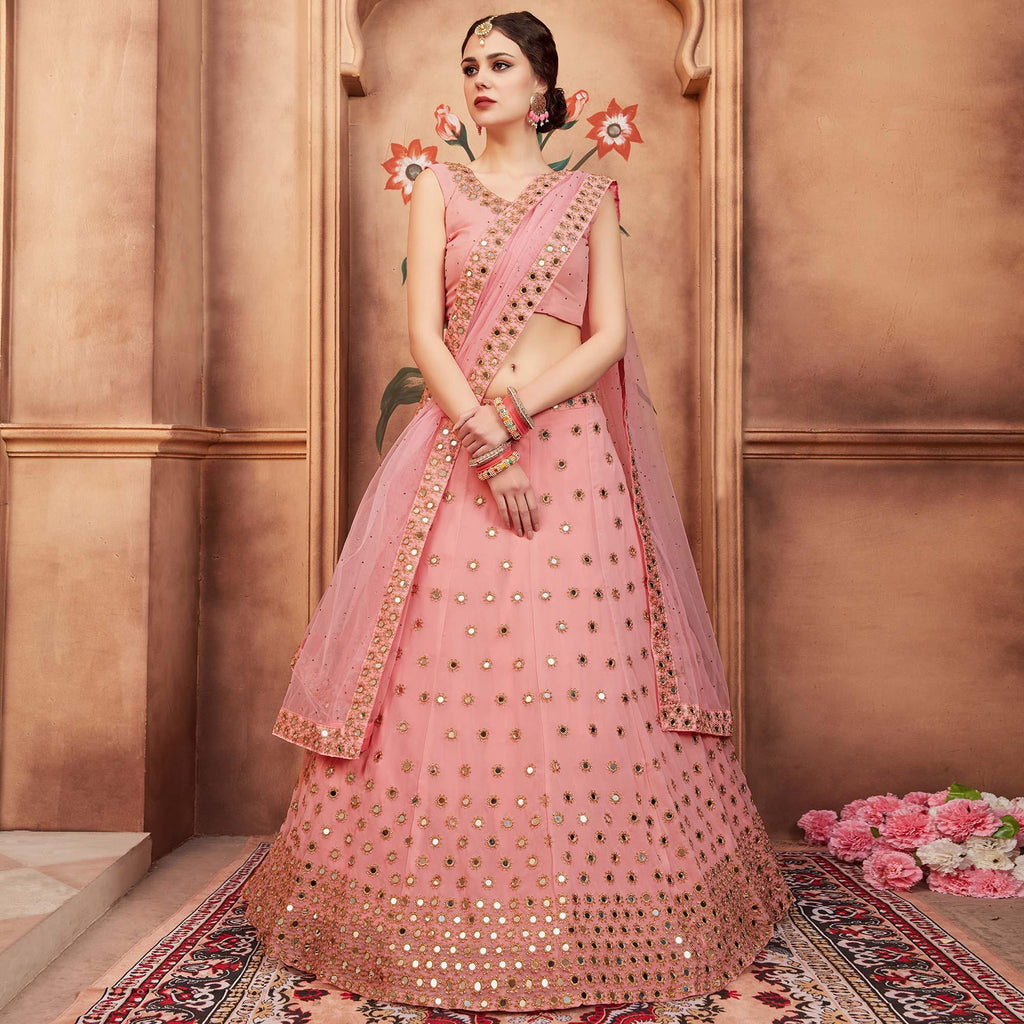 Peach Festive Wear Mirror Zari Sequins Work Georgette Lehenga Choli Clothsvilla
