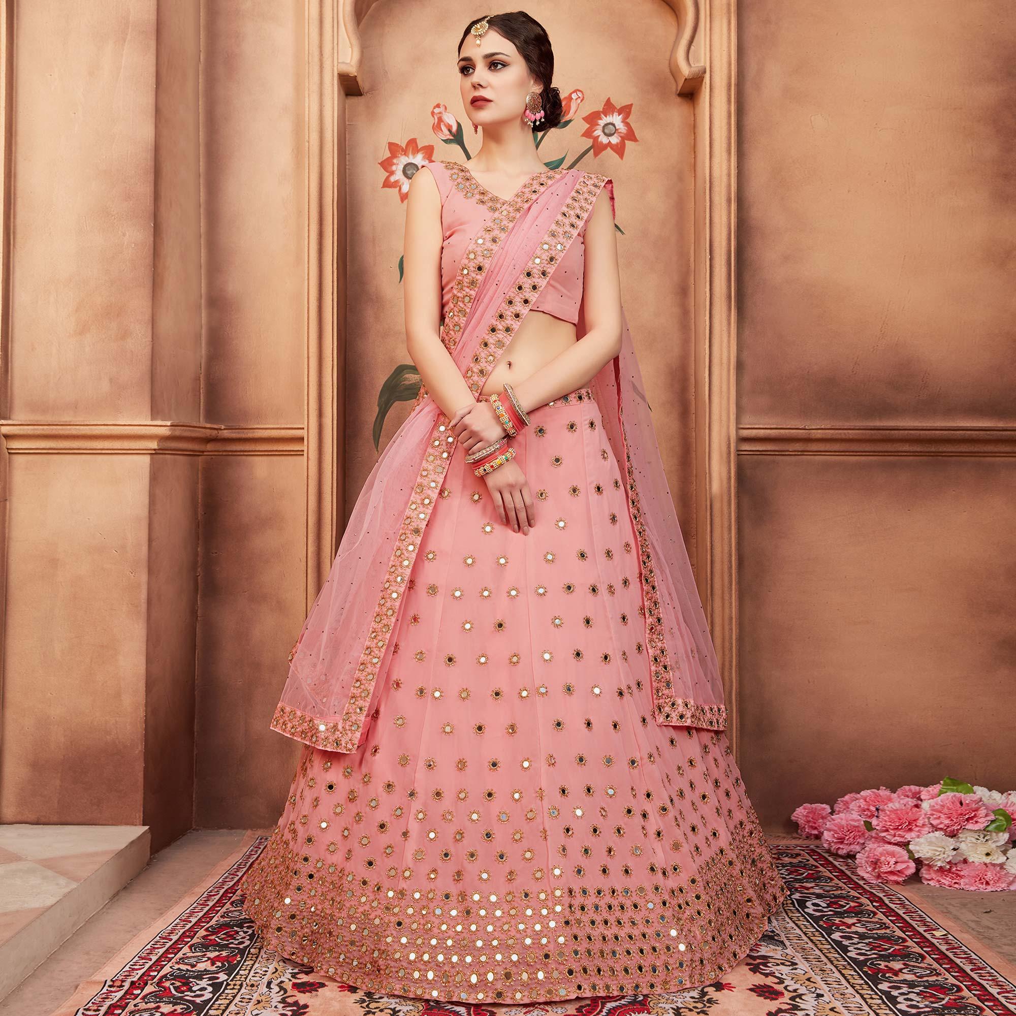 Peach Festive Wear Mirror Zari Sequins Work Georgette Lehenga Choli Clothsvilla