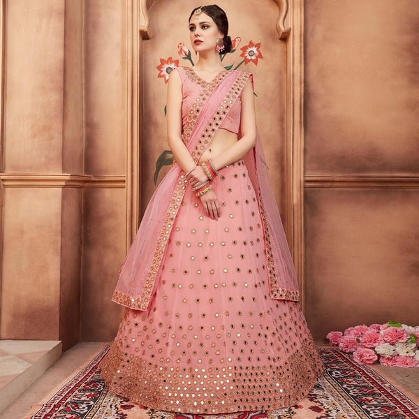 Peach Festive Wear Mirror Zari Sequins Work Georgette Lehenga Choli Clothsvilla