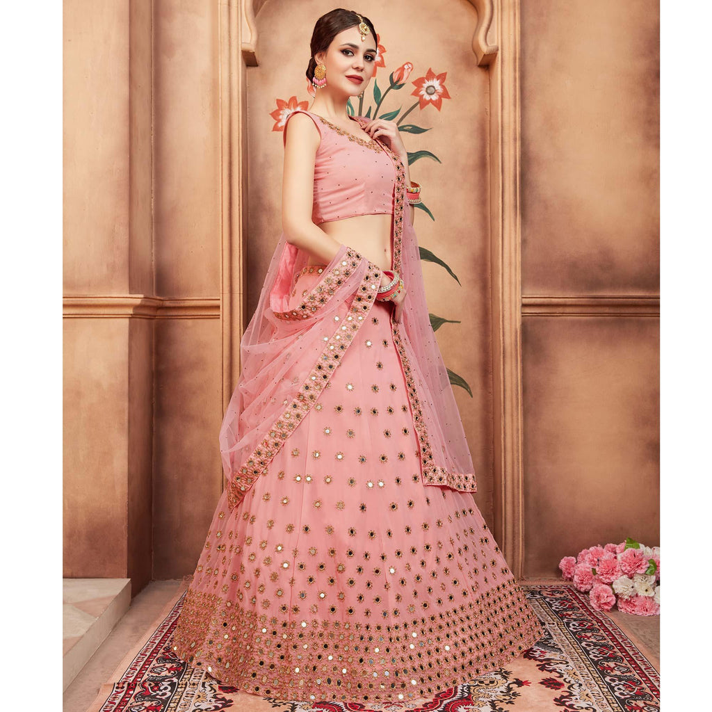 Peach Festive Wear Mirror Zari Sequins Work Georgette Lehenga Choli Clothsvilla