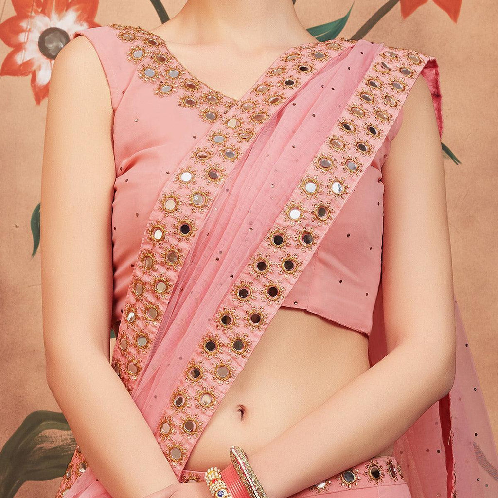 Peach Festive Wear Mirror Zari Sequins Work Georgette Lehenga Choli Clothsvilla