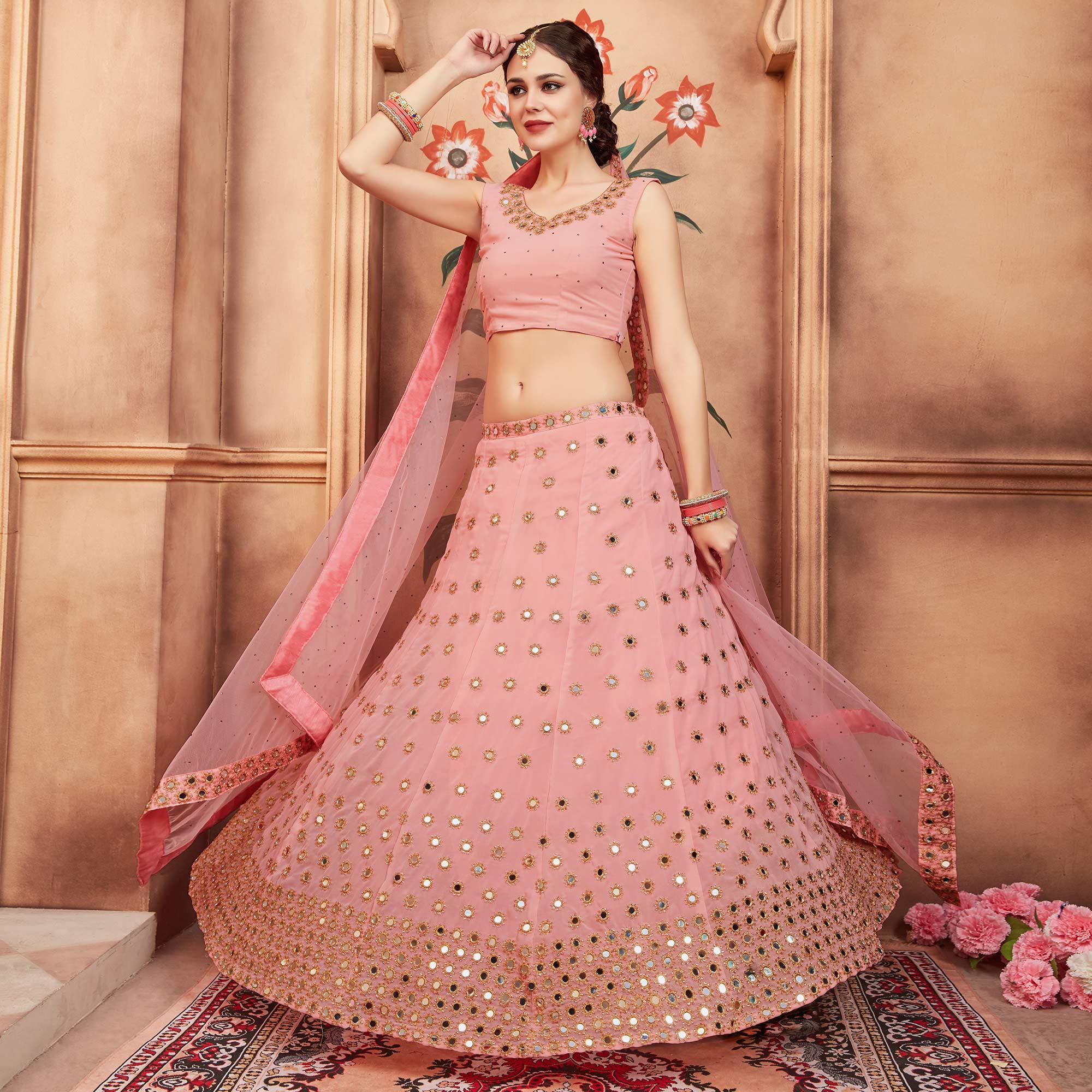 Peach Festive Wear Mirror Zari Sequins Work Georgette Lehenga Choli Clothsvilla